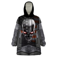 Wearable blanket hoodie with hood, black and gray skull graphic over American flag design