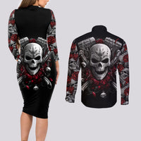 Skull Couples Matching Long Sleeve Bodycon Dress and Long Sleeve Button Shirts Riding Motocycle Girl Rose - Wonder Print Shop