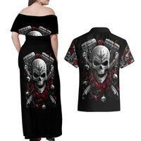 Skull Couples Matching Off Shoulder Maxi Dress and Hawaiian Shirt Riding Motocycle Girl Rose - Wonder Print Shop