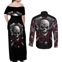 Skull Couples Matching Off Shoulder Maxi Dress and Long Sleeve Button Shirts Riding Motocycle Girl Rose - Wonder Print Shop