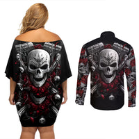 Skull Couples Matching Off Shoulder Short Dress and Long Sleeve Button Shirts Riding Motocycle Girl Rose - Wonder Print Shop