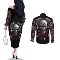 Skull Couples Matching Off The Shoulder Long Sleeve Dress and Long Sleeve Button Shirts Riding Motocycle Girl Rose DT01
