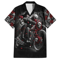Black short-sleeve button-up shirt with skull biker and roses, red accents.