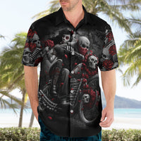 Black skull biker Hawaiian shirt, short sleeves, red roses and motorcycle wheel graphic.