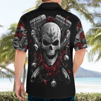 Black skull biker Hawaiian shirt, open collar, back skull with rose and wheel artwork.