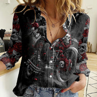 Skull Women Casual Shirt Riding Motocycle Girl Rose - Wonder Print Shop