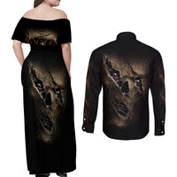 Skull Couples Matching Off Shoulder Maxi Dress and Long Sleeve Button Shirts Mummy Face Inside - Wonder Print Shop