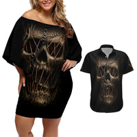 Skull Couples Matching Off Shoulder Short Dress and Hawaiian Shirt Mummy Face Inside - Wonder Print Shop