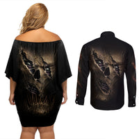 Skull Couples Matching Off Shoulder Short Dress and Long Sleeve Button Shirts Mummy Face Inside - Wonder Print Shop