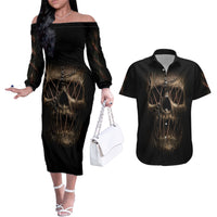 Skull Couples Matching Off The Shoulder Long Sleeve Dress and Hawaiian Shirt Mummy Face Inside - Wonder Print Shop