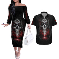 Skull Couples Matching Off The Shoulder Long Sleeve Dress and Hawaiian Shirt Prayer Skull - Wonder Print Shop