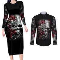 Skull Couples Matching Long Sleeve Bodycon Dress and Long Sleeve Button Shirts Three Skull No See Evil Rose - Wonder Print Shop