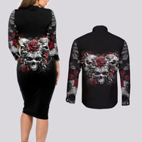 Skull Couples Matching Long Sleeve Bodycon Dress and Long Sleeve Button Shirts Three Skull No See Evil Rose - Wonder Print Shop