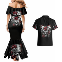 Skull Couples Matching Mermaid Dress And Hawaiian Shirt Three Skull No See Evil Rose - Wonder Print Shop
