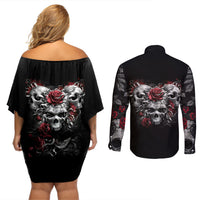Skull Couples Matching Off Shoulder Short Dress and Long Sleeve Button Shirts Three Skull No See Evil Rose - Wonder Print Shop