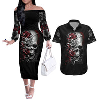 Skull Couples Matching Off The Shoulder Long Sleeve Dress and Hawaiian Shirt Three Skull No See Evil Rose - Wonder Print Shop