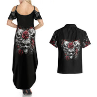 Skull Couples Matching Summer Maxi Dress and Hawaiian Shirt Three Skull No See Evil Rose - Wonder Print Shop