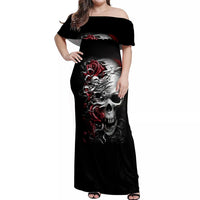 Skull Off Shoulder Maxi Dress Three Skull No See Evil Rose - Wonder Print Shop