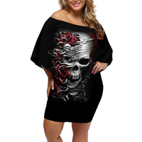 Skull Off Shoulder Short Dress Three Skull No See Evil Rose - Wonder Print Shop
