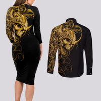 Skull Couples Matching Long Sleeve Bodycon Dress and Long Sleeve Button Shirts Golden Warrior Royal - Wonder Print Shop