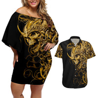 Skull Couples Matching Off Shoulder Short Dress and Hawaiian Shirt Golden Warrior Royal - Wonder Print Shop