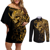 Skull Couples Matching Off Shoulder Short Dress and Long Sleeve Button Shirts Golden Warrior Royal - Wonder Print Shop