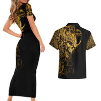 Skull Couples Matching Short Sleeve Bodycon Dress and Hawaiian Shirt Golden Warrior Royal - Wonder Print Shop