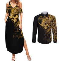 Skull Couples Matching Summer Maxi Dress and Long Sleeve Button Shirts Golden Warrior Royal - Wonder Print Shop
