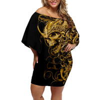 Skull Off Shoulder Short Dress Golden Warrior Royal - Wonder Print Shop