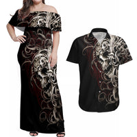 Skull Couples Matching Off Shoulder Maxi Dress and Hawaiian Shirt Silver Warrior Royal - Wonder Print Shop
