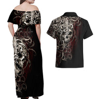 Skull Couples Matching Off Shoulder Maxi Dress and Hawaiian Shirt Silver Warrior Royal - Wonder Print Shop