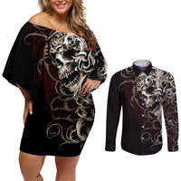 Skull Couples Matching Off Shoulder Short Dress and Long Sleeve Button Shirts Silver Warrior Royal - Wonder Print Shop