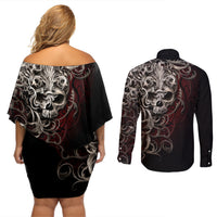 Skull Couples Matching Off Shoulder Short Dress and Long Sleeve Button Shirts Silver Warrior Royal - Wonder Print Shop