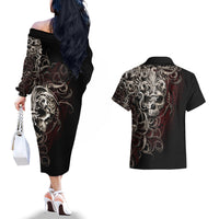Skull Couples Matching Off The Shoulder Long Sleeve Dress and Hawaiian Shirt Silver Warrior Royal - Wonder Print Shop