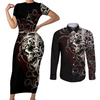 Skull Couples Matching Short Sleeve Bodycon Dress and Long Sleeve Button Shirts Silver Warrior Royal - Wonder Print Shop