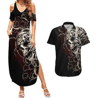 Skull Couples Matching Summer Maxi Dress and Hawaiian Shirt Silver Warrior Royal - Wonder Print Shop