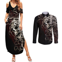 Skull Couples Matching Summer Maxi Dress and Long Sleeve Button Shirts Silver Warrior Royal - Wonder Print Shop