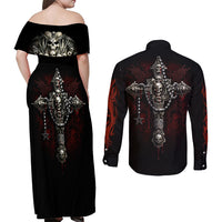 Skull Couples Matching Off Shoulder Maxi Dress and Long Sleeve Button Shirts Head Skeleton Cross Skull - Wonder Print Shop