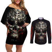 Skull Couples Matching Off Shoulder Short Dress and Long Sleeve Button Shirts Head Skeleton Cross Skull - Wonder Print Shop