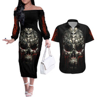 Skull Couples Matching Off The Shoulder Long Sleeve Dress and Hawaiian Shirt Head Skeleton Cross Skull - Wonder Print Shop