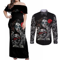 Skull Couples Matching Off Shoulder Maxi Dress and Long Sleeve Button Shirts Skull Girl Spoiled Wife - Wonder Print Shop