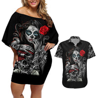 Skull Couples Matching Off Shoulder Short Dress and Hawaiian Shirt Skull Girl Spoiled Wife - Wonder Print Shop