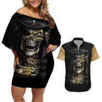 Skull Couples Matching Off Shoulder Short Dress and Hawaiian Shirt Golden Skull Steampunk - Wonder Print Shop