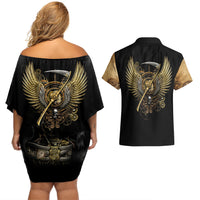 Skull Couples Matching Off Shoulder Short Dress and Hawaiian Shirt Golden Skull Steampunk - Wonder Print Shop