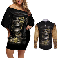 Skull Couples Matching Off Shoulder Short Dress and Long Sleeve Button Shirts Golden Skull Steampunk - Wonder Print Shop