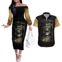 Skull Couples Matching Off The Shoulder Long Sleeve Dress and Hawaiian Shirt Golden Skull Steampunk - Wonder Print Shop