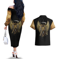 Skull Couples Matching Off The Shoulder Long Sleeve Dress and Hawaiian Shirt Golden Skull Steampunk - Wonder Print Shop