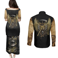 Skull Couples Matching Puletasi Dress and Long Sleeve Button Shirts Golden Skull Steampunk - Wonder Print Shop