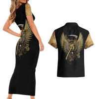 Skull Couples Matching Short Sleeve Bodycon Dress and Hawaiian Shirt Golden Skull Steampunk - Wonder Print Shop