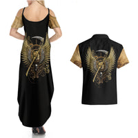 Skull Couples Matching Summer Maxi Dress and Hawaiian Shirt Golden Skull Steampunk - Wonder Print Shop